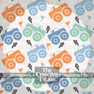 Patrón digital sin costuras de camión monstruo naranja y azul / Dibujado a mano / PNG 300 DPI / Rayos / Archivo sin costuras