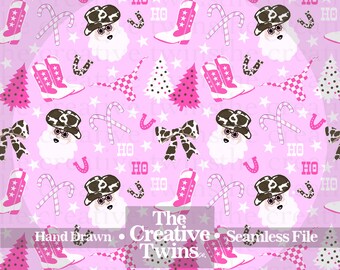 Pink Cowgirl Christmas Digital Seamless Pattern | Hand Drawn | PNG 300 DPI | Cowprint Santa | Pink and Green | Seamless File