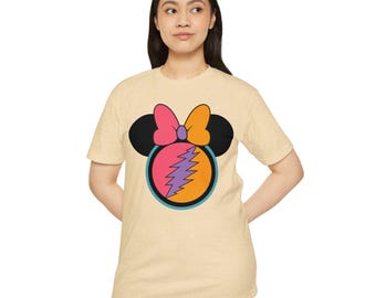 Camiseta unisex de jersey CVC con diseño de rayo de Grateful Dead con orejas de Minnie y lazo en colores llamativos