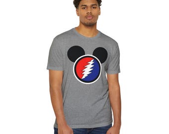 Camiseta unisex de jersey CVC con diseño clásico de rayo rojo y azul de Grateful Dead y orejas de Mickey