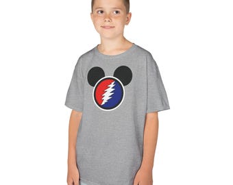 Camiseta infantil clásica roja y azul de Grateful Dead con diseño de rayo y orejas de Mickey - Heavy Cotton™