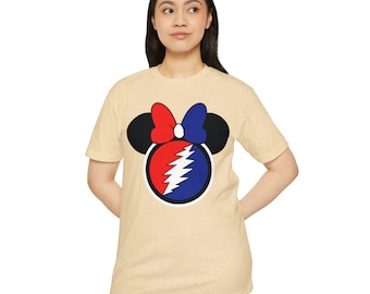 Camiseta unisex de jersey CVC con diseño clásico de Grateful Dead con diseño de rayo rojo y azul y orejas de Minnie con lazo