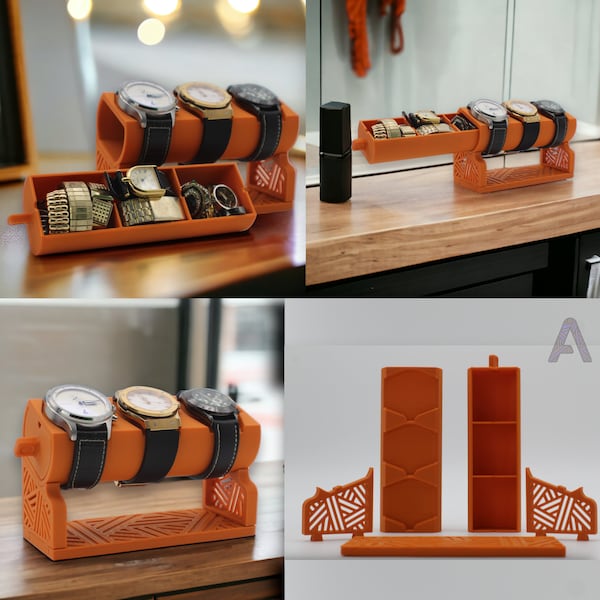 Watch Display Holder - Custom Jewelry Storage - Three Watch Stand & Storage Drawer - Wristwatch Display Case - Jewelry Box Organizer