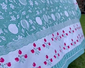 Pomegranate Tablecloth - Blockprint, Cotton Table Cover -Linen-Set - Festive Theme - Rectangle Tablecloth - Gift for New Home - Christmas