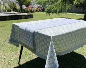 Sage Green Lotus Tablecloth - Blockprint, Cotton Table Cover -Linen Set - Floral Pattern - Rectangle Tablecloth for Wedding Events - Home
