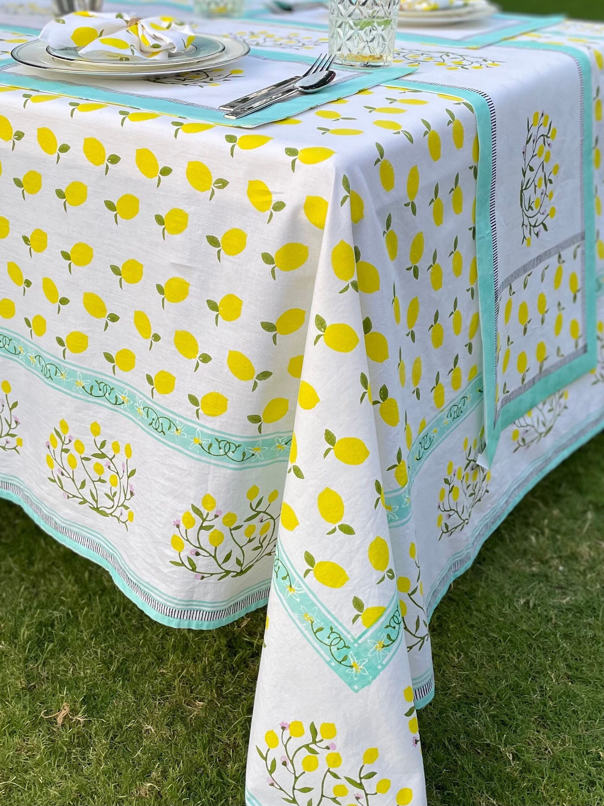 Citron Table Cloth - Blockprint, Cotton Table Cover -Linen-Set - Festive Theme - Rectangle Tablecloth - Gift for New Home - Summer