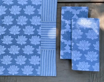 Blue and White Lotus Napkins - Blockprint - Set of 4 - 100 % Cotton - 16 x16 - Table accessories for Wedding Events, Home, Housewarming Par