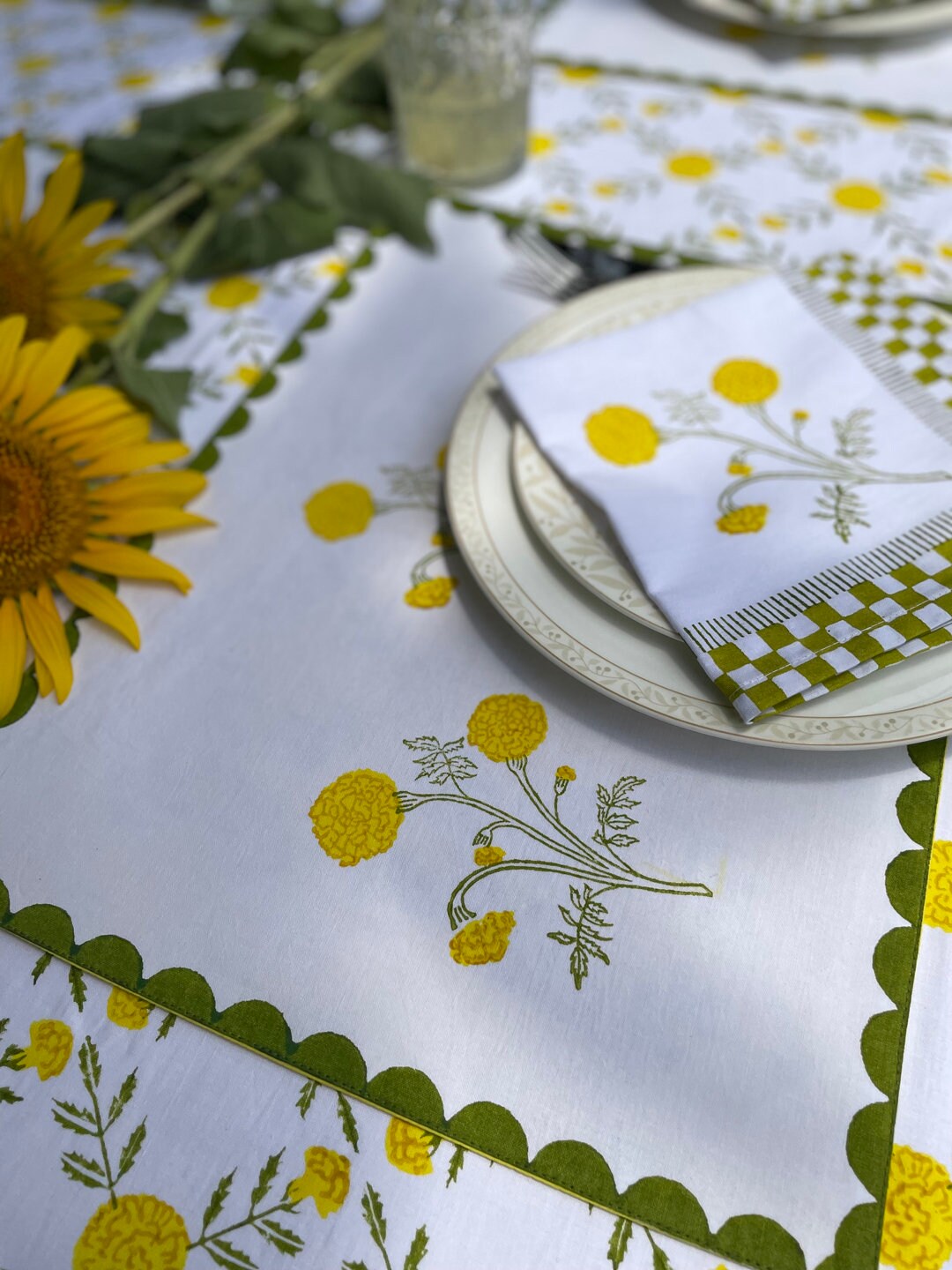 Marigold Placemats Blockprint White Yellow and Greenset Etsy