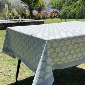 Sage Green Lotus Blockprint Tablecloth: Handcrafted Cotton Table Cover