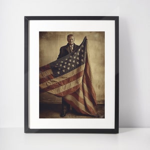 PRINTABLE ART | Vintage Trump Holding the American Flag  | Wall Art Decor (Set of 3 Print Sizes) | Hi-Res 300dpi