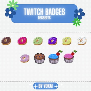 Twitch Sub & Bit Badges pack | Dessert donut and cupcake | Kawaii | Pixel Art | 8bit