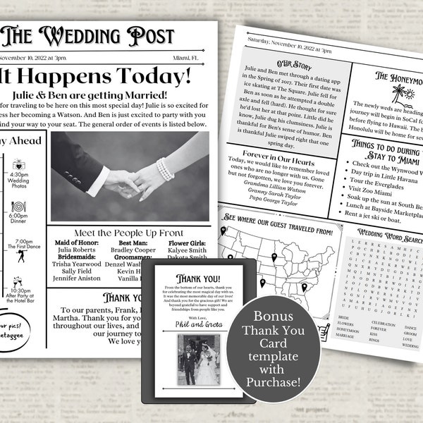 Wedding Newspaper Program, Wedding Program, Printable Wedding Program, Newspaper Template, Wedding Template Canva, Wedding Timeline