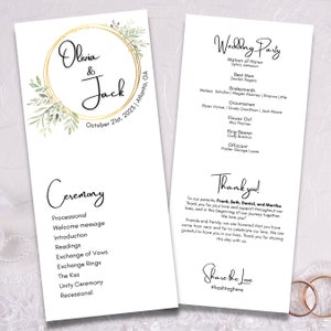 Puede incluir: Programa de ceremonia de boda con un diseño floral dorado y verde. El programa incluye los nombres Olivia y Jack, la fecha 21 de octubre de 2023 y la ubicación Atlanta, GA. El programa también incluye una lista de los miembros de la fiesta de bodas y un mensaje de agradecimiento a los invitados.