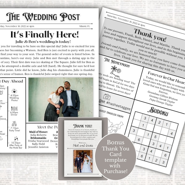 Wedding Newspaper Program, Wedding Program, Printable Wedding Program, Newspaper Template, Wedding Template Canva, Wedding Timeline