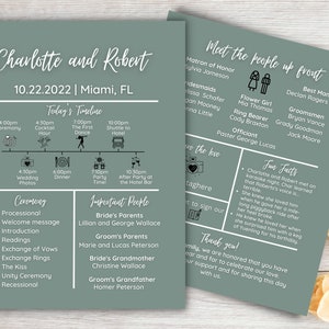 Puede incluir: Una invitación de boda verde con una línea de tiempo de los eventos, una lista de personas importantes y una sección titulada "Conoce a la gente al frente". La invitación incluye los nombres de la pareja, la fecha de la boda y la ubicación. El texto "Charlotte y Robert" está en blanco, en letra cursiva.
