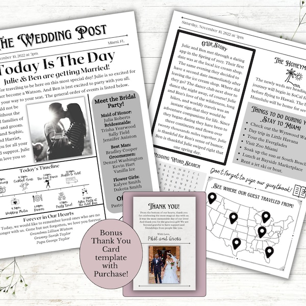 Newspaper Wedding Program, Wedding Newspaper, Printable Wedding Program, Unique Wedding Program, Wedding Newspaper Template Canva