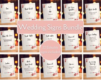 May include: A set of 22 editable wedding signs featuring a floral design. The signs include text such as "Bar", "Guest Book", "Cards & Gifts", "Let Love Sparkle", "Photo Booth", "Share the Love", "Treat Table", "Well Wishes", "Reserved", "Open Seating", "Ladies", "Photo Guest Book", "Reserved", "Favors", "In Loving Memory".