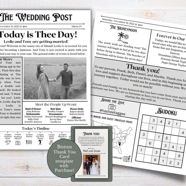 Wedding Newspaper Program, Wedding Newspaper, Wedding Program, Printable Wedding Program, Newspaper Template, Wedding Template Canva