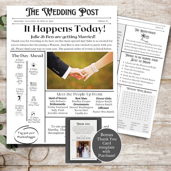 Wedding Newspaper Program, Wedding Newspaper, Wedding Program Template, Printable Wedding, Newspaper Template, Wedding Template Canva