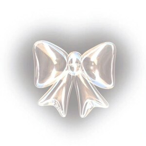 May include: A clear plastic bow with a shiny, iridescent finish. The bow is tied in a simple knot and has a classic shape.