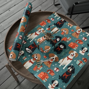 Christmas Doggies with Presents Holiday Winter Wrapping Paper | Christmas Puppies Themed Gift Wrap