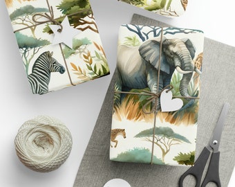 African Safari Themed Wrapping Paper, Safari Watercolor Gift Wrap, African Savannah Scrapbooking Paper, Lions, Elephants, Giraffes, Zebras