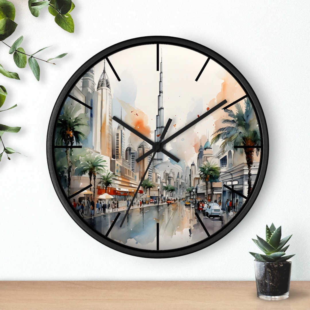 Burj Khalifa Watercolor Wall Clock Dubai Architecture Wood Etsy