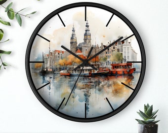 Horloge murale des Pays-Bas, horloge d'Amsterdam, cadeaux pour voyageurs, cadeaux pour amis, cadeaux sur le thème des canaux d'Amsterdam