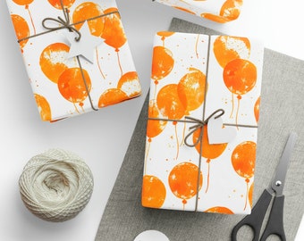 Orange Balloon Watercolor Birthday Wrapping Paper, Boys/Girls Birthday Gift Wrap, Balloon Orange and White Scrapbooking Paper