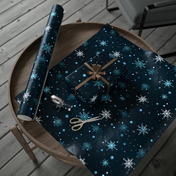 Golden Snowflake Navy Blue Wrapping Paper Roll, Golden Star Navy