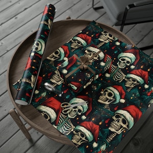 Santa Hat Skeletons Christmas Spooky Holiday Winter Themed Wrapping Paper | Skeleton Santa Hat Christmas Themed Gift Wrap