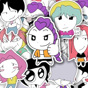 May include: A collection of cartoon character stickers with various hairstyles and expressions. The stickers feature characters with black, purple, pink, and blue hair, wearing different outfits. One character gives a thumbs-up. The stickers are white with black outlines.