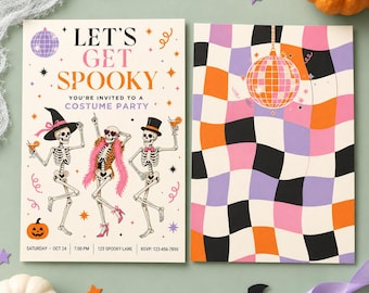 Invito per festa di Halloween in discoteca, modello Canva modificabile, scheletri danzanti, fronte e retro