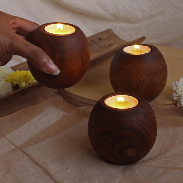 Turned reclaimed teak wood spherical tea light holders (set of 3)