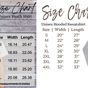 May include: A size chart for unisex youth shirts and hooded sweatshirts. The youth shirt chart shows sizes XS to XL with width and length in inches. The sweatshirt chart shows sizes S to 4XL with width and length in inches.