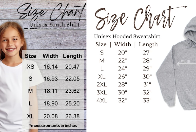 May include: A size chart for unisex youth shirts and hooded sweatshirts. The youth shirt chart shows sizes XS to XL with width and length in inches. The sweatshirt chart shows sizes S to 4XL with width and length in inches.
