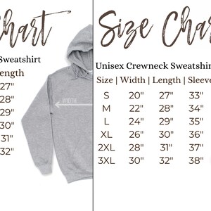 May include: Size charts for unisex hooded and crewneck sweatshirts. The hooded sweatshirt chart shows sizes S-3XL with width and length measurements in inches. The crewneck chart also shows sizes S-3XL with width, length, and sleeve measurements in inches.
