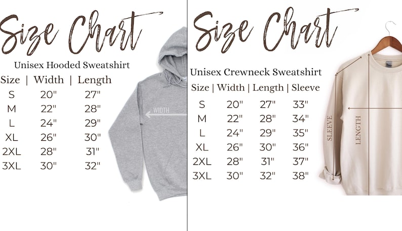 May include: Size charts for unisex hooded and crewneck sweatshirts. The hooded sweatshirt chart shows sizes S-3XL with width and length measurements in inches. The crewneck chart also shows sizes S-3XL with width, length, and sleeve measurements in inches.