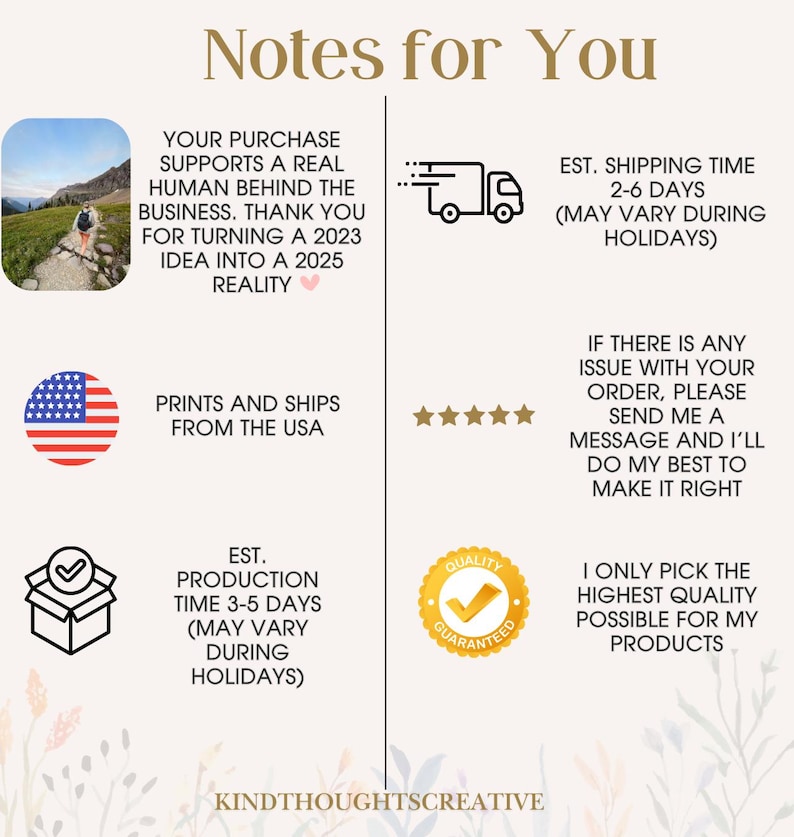 May include: A beige graphic with the text "Notes for You" and other text. The text includes "Your purchase supports a real human behind the business" and "Prints and ships from the USA."