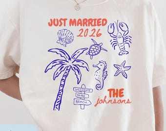Comfort Colors Just Married Matching Newlywed Shirts for Honeymoon Trip, Beach Honeymooon Vacation TShirts for Newly Married Couple Cruise