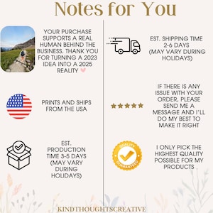 May include: A beige graphic with the text "Notes for You" and various statements about the business, including "Prints and Ships from the USA" and "Quality Guaranteed". The image also includes a photo of a person hiking.
