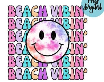 Beach Vibin PNG Retro Tie Dye Smile Face PNG Sublimation Digital Design