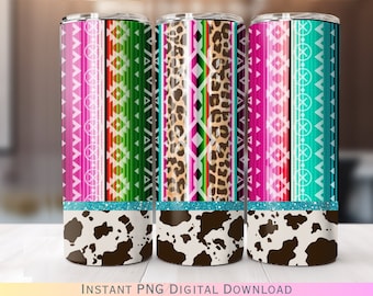 Western Serape Cowhide Glitter 20oz Skinny Tumbler PNG Digital Download Wrap
