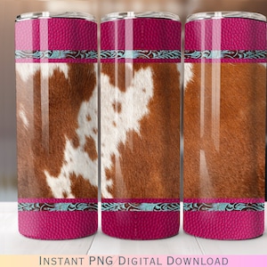 Cowhide and Pink Leather 20oz Skinny Tumbler Wrap PNG Digital Download