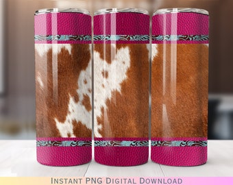Cowhide and Pink Leather 20oz Skinny Tumbler Wrap PNG Digital Download