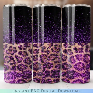 Purple Glitter Black Cheetah Print 20oz Skinny Tumbler Wrap PNG Sublimation Design