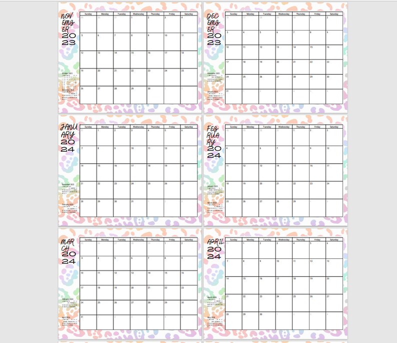Monthly Planner Printable Rainbow Cheetah Print Calendar 2023 to 2024 , Western Printable