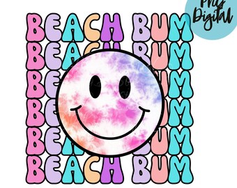 Beach Bum PNG Tie Dye Smile Face PNG Retro Sublimation Digital Design