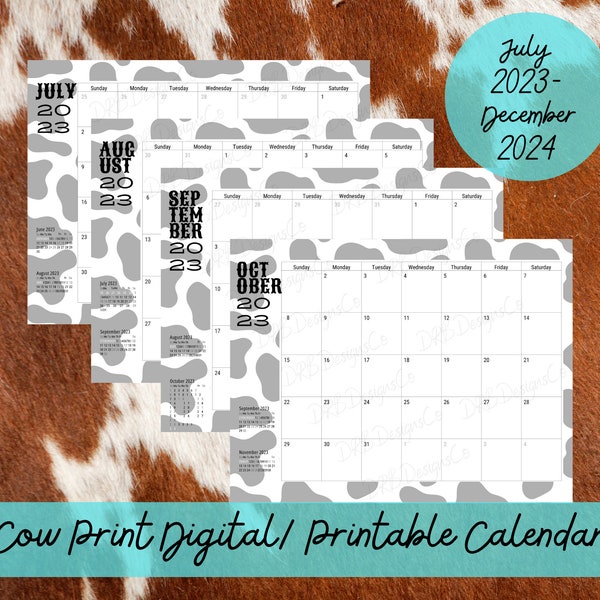 Monthly Planner Printable Cow Print Calendar 2023 to 2024 , Western Printable Digital PDF Cowhide Calendars