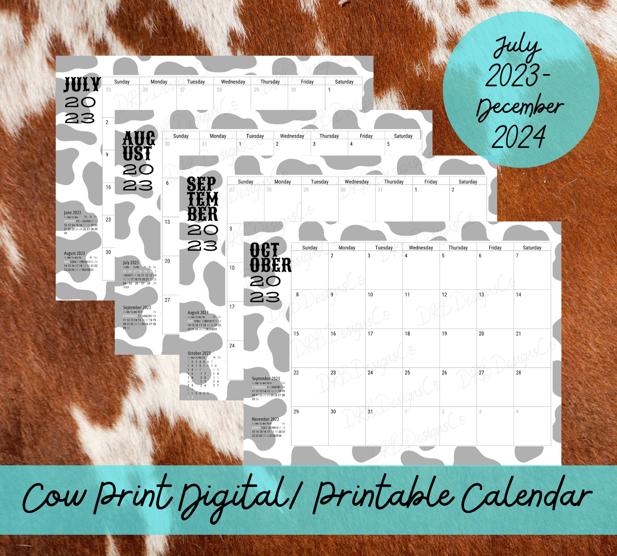 Monthly Planner Printable Cow Print Calendar 2023 to 2024 , Western Printable Digital PDF